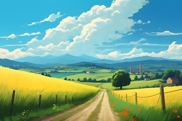 Fototapeta premium view of rural road left and right of wheat fields Made with Generative AI