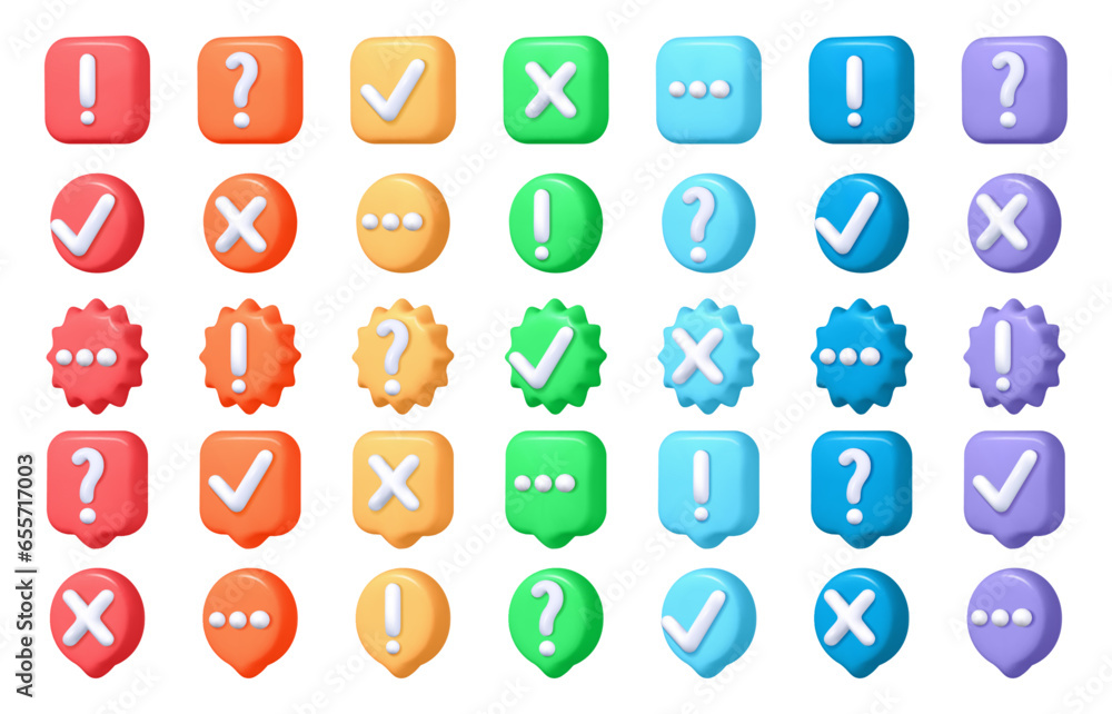 Aufkleber Glossy shapes with plus and minus, tick colorful badges. Vector 3d cartoon style minimal button, ok and cross sign. 3d emblems with computer signs, check button. exclamation and question mark