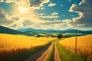 Fototapeta premium view of rural road left and right of wheat fields Made with Generative AI