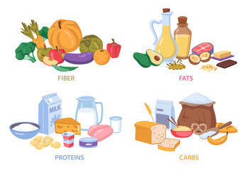 Proteins and carbs dietary food. Fiber and fats, organic grains and dairy, vegetables and fruits flat cartoon set. Food fiber protein nutrients, meat and cheese nutrition dieting eating complex - obrazy, fototapety, plakaty