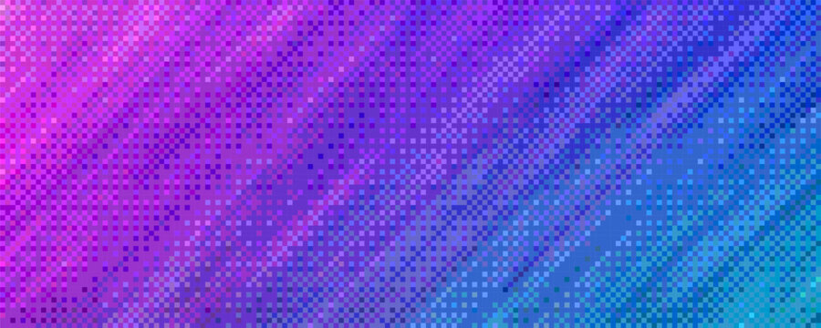 Pixelated neon gradient background in blue and purple colors with dithering effect. Colorful neon pixel art background for computer game environment. Vector illustration