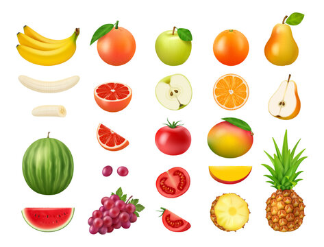 Apple and mango, grapefruit and orange, pear and watermelon summer realistic fruits. Tomato and grape, banana and pineapple whole and cut healthy vegetarian food, 3D vector illustration set