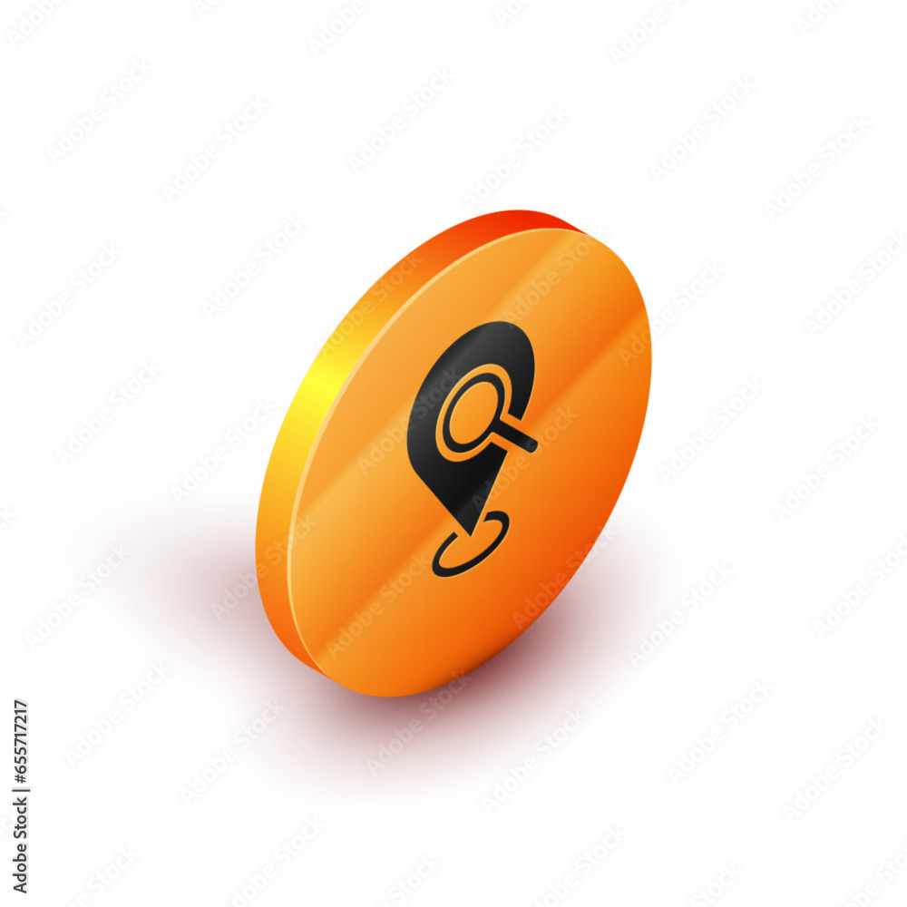 Poster isometric search location icon isolated on white background. magnifying glass with pointer sign. ora