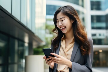 Fototapeta premium Cheerful Asian Businesswoman Holding Cellphone and Smiling at Camera