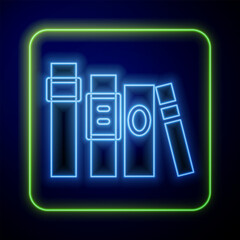 Glowing neon Book icon isolated on blue background. Vector