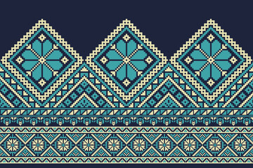flower embroidery on blue background. ikat and cross stitch geometric seamless pattern ethnic oriental traditional. Aztec style illustration design for carpet, wallpaper, clothing, wrapping, batik.