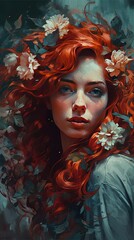 Beautiful red-haired woman with white flowers in hair