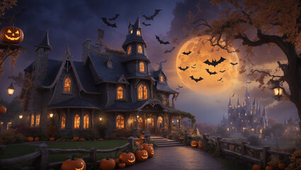 Fototapeta na wymiar Halloween city with joints and bats in cartoon style. 