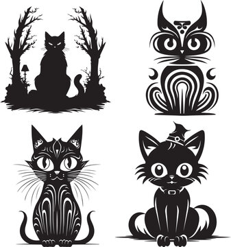 Black cats silhouettes set for halloween Cat shapes isolated on white background Stock vector