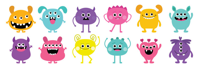 Monster big icon set. Happy Halloween. Face head colorful silhouette. Cute kawaii cartoon funny baby character. Eyes teeth fang horn tongue. Hands up, down. Flat design. White background. © worldofvector