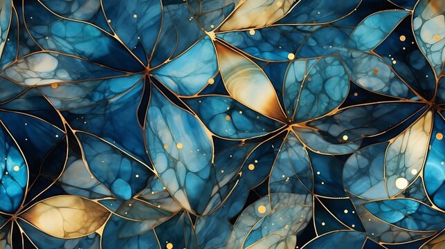 abstrato perfeito, tinta alcoólica, azul e dourado, estilo marmore - Generative AI