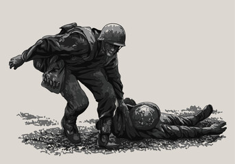 Drawing war story, save the injured, fight, not afraid, art.illustration, vector
