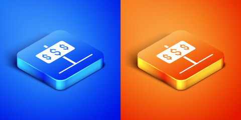 Isometric House with dollar symbol icon isolated on blue and orange background. Home and money. Real estate concept. Square button. Vector