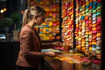 Person's hands arranging colorful sticky notes on a planner page, Generative AI