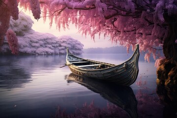 relaxing peaceful fantasy japanese landscape of a boat on the mountain lake  with purple wisteria in bloom.