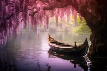 relaxing peaceful dreamy landscape of a boat on the mountain lake  with purple wisteria in bloom.