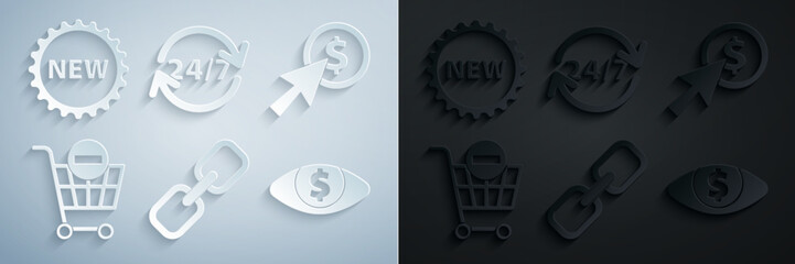 Set Chain link, Cursor and coin, Remove shopping cart, Eye with dollar, Clock 24 hours and Price tag New icon. Vector