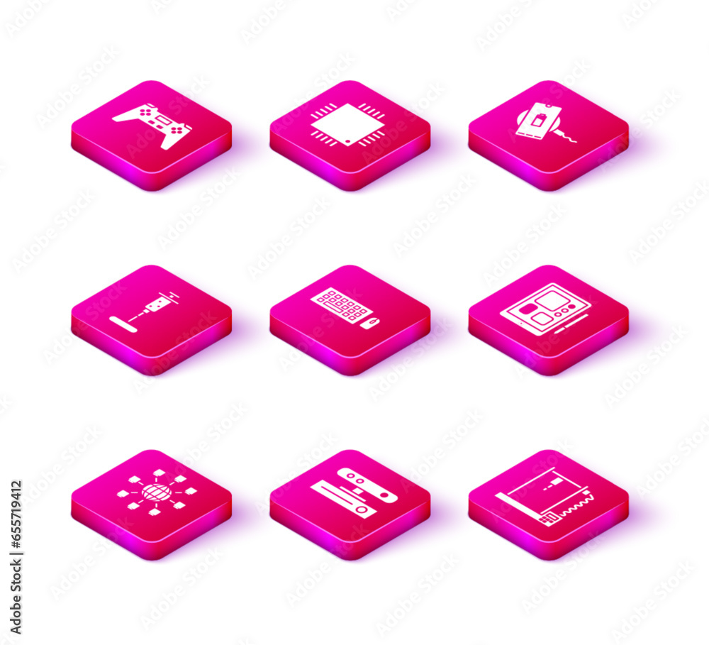 Poster set social network, motion sensor, syringe, keyboard and mouse, 3d printer, graphic tablet, wireless