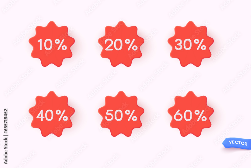 Poster label set with percent, check mark and discount. app icon. 3d web vector illustrations.