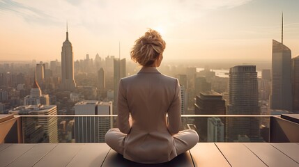 Professional business woman practicing mindfulness and meditation on rooftop of urban district above city. Calm and serene mental state for work and personal wellbeing balance. Strong leadership. - obrazy, fototapety, plakaty