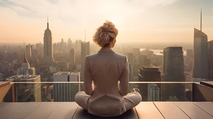 Fotobehang Professional business woman practicing mindfulness and meditation on rooftop of urban district above city. Calm and serene mental state for work and personal wellbeing balance. Strong leadership. © TensorSpark