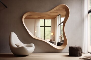 modern living room interior with big mirror of irregular shape and armchair. Minimal Scandinavian design. - obrazy, fototapety, plakaty