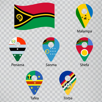 Six flags the  Provinces of Vanuatu -  alphabetical order with name.  Set of 2d geolocation signs like flags Provinces of Vanuatu. Six 2d geolocation signs for your design. EPS10