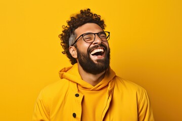 Happy diverse bearded guy in glasses laughing on yellow background. Optics store ad, lifestyle portrait banner.