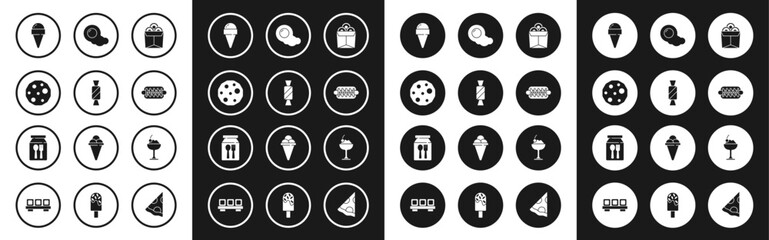 Set Noodles in box, Candy, Cookie or biscuit, Ice cream waffle cone, Hotdog sandwich, Scrambled eggs, bowl and Online ordering delivery icon. Vector