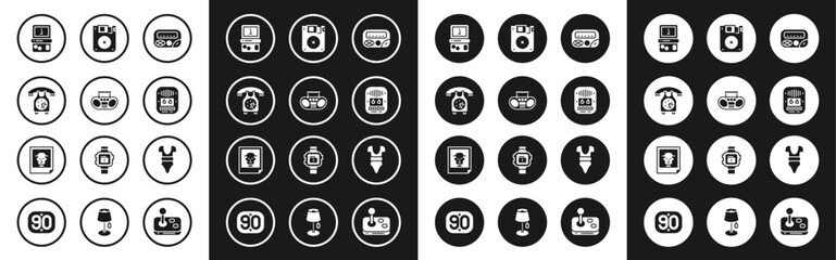 Set Pager, Home stereo with two speakers, Telephone handset, Tetris, Cassette tape player, Floppy disk, Swimsuit and Photo icon. Vector