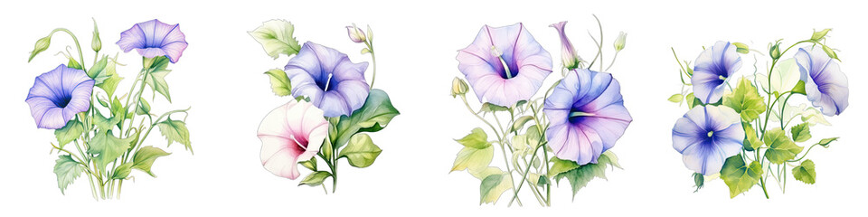 Morning Glory  Botanical View On A Clean White Background Soft Watercolour Transparent Background