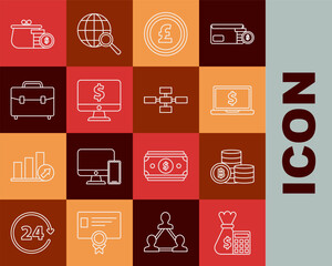 Set line Calculator with money bag, Laptop dollar symbol, Coin pound sterling, Computer monitor, Briefcase, Wallet coins and Business hierarchy organogram chart infographics icon. Vector