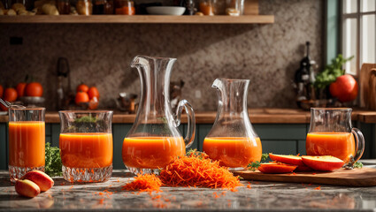 Fresh carrot juice in the kitchen