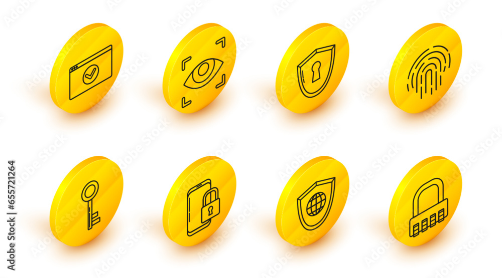 Poster set line safe combination lock, shield with world globe, smartphone closed padlock, key, fingerprint