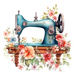 Nostalgia of Sewing Captured in Vintage Sewing Machine with Floral Details Watercolor Clipart