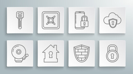 Set line Ringing alarm bell, Safe, House under protection, Shield with cyber security brick wall, Lock, Smartphone closed padlock, Cloud and shield and Key icon. Vector