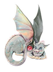 Cute dragon admiring the Christmas tree decoration, 2024 is the year of the dragon. Watercolor illustration