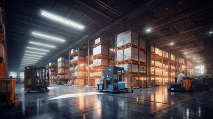Modern interior. Warehouse or storage and shelves with cardboard boxes - obrazy, fototapety, plakaty