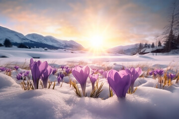 Nature lighting of spring landscape with first purple crocuses flowers on snow in the sunshine and...