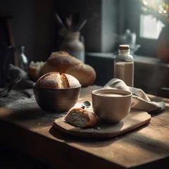 Verduisterende gordijnen Koffiebar cup of warm coffee and bread on the kitchen wooden table