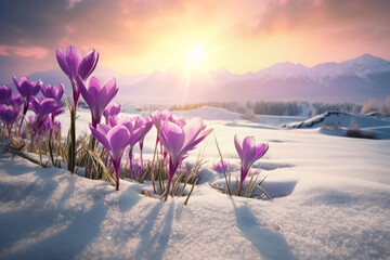 Nature lighting of spring landscape with first purple crocuses flowers on snow in the sunshine and beautiful sky. Life or nature botanical concept. - obrazy, fototapety, plakaty
