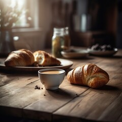 cup of warm coffee and bread on the kitchen wooden table
