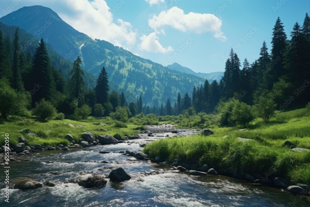 Poster a picturesque view of a river running through a lush green forest. this image captures the serene be