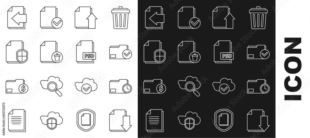 Poster set line document with download, folder clock, and check mark, upload file document, delete, protect