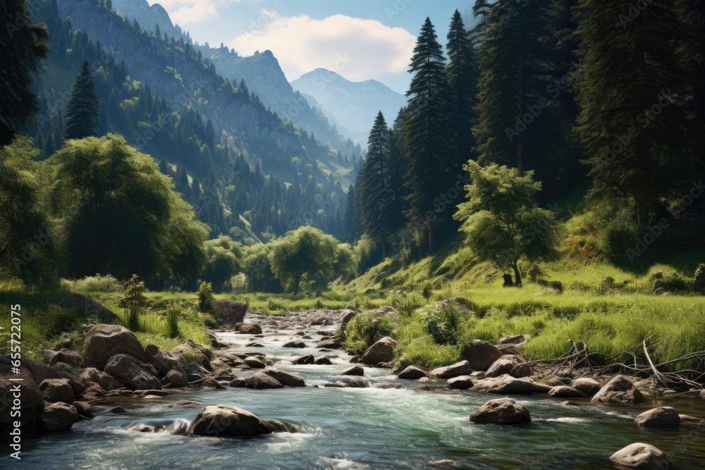 Poster a picture showcasing a river running through a vibrant and lush green forest. this image can be used