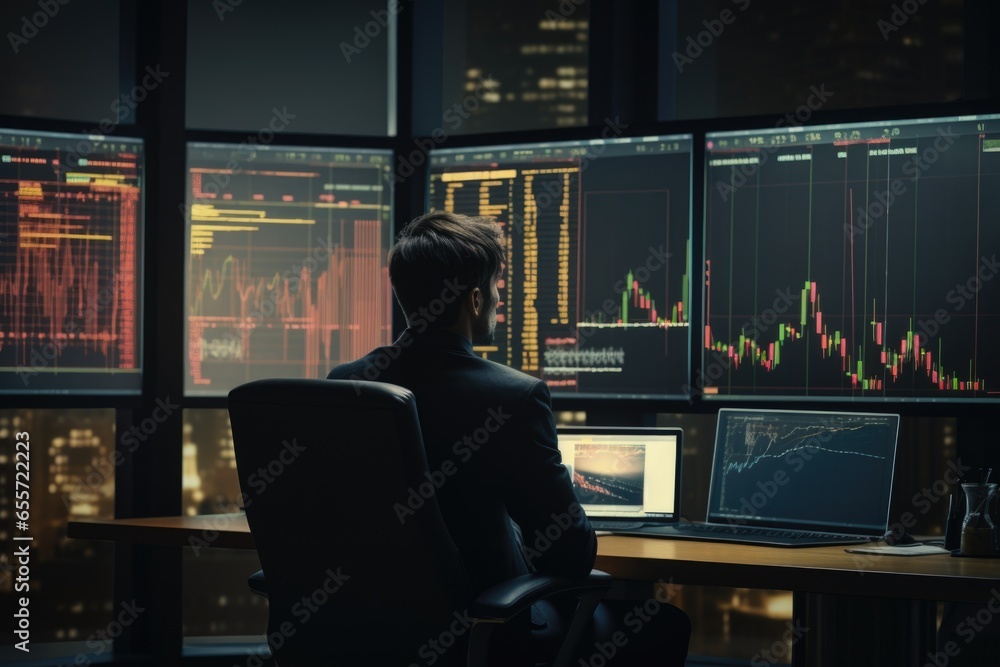 Leinwandbilder a man is pictured sitting at a desk in front of multiple monitors. this image can be used to represe