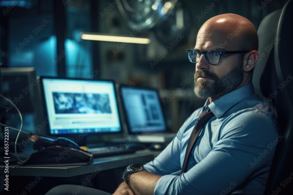 Aufkleber A man is depicted sitting in front of two computer monitors. This image can be used to illustrate concepts related to technology, work, productivity, and multitasking.