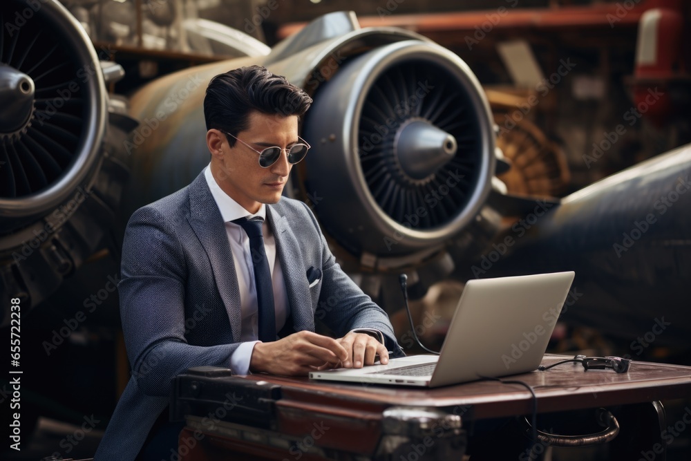 Poster a man wearing a suit and sunglasses is seen working on a laptop. this image can be used to depict a 