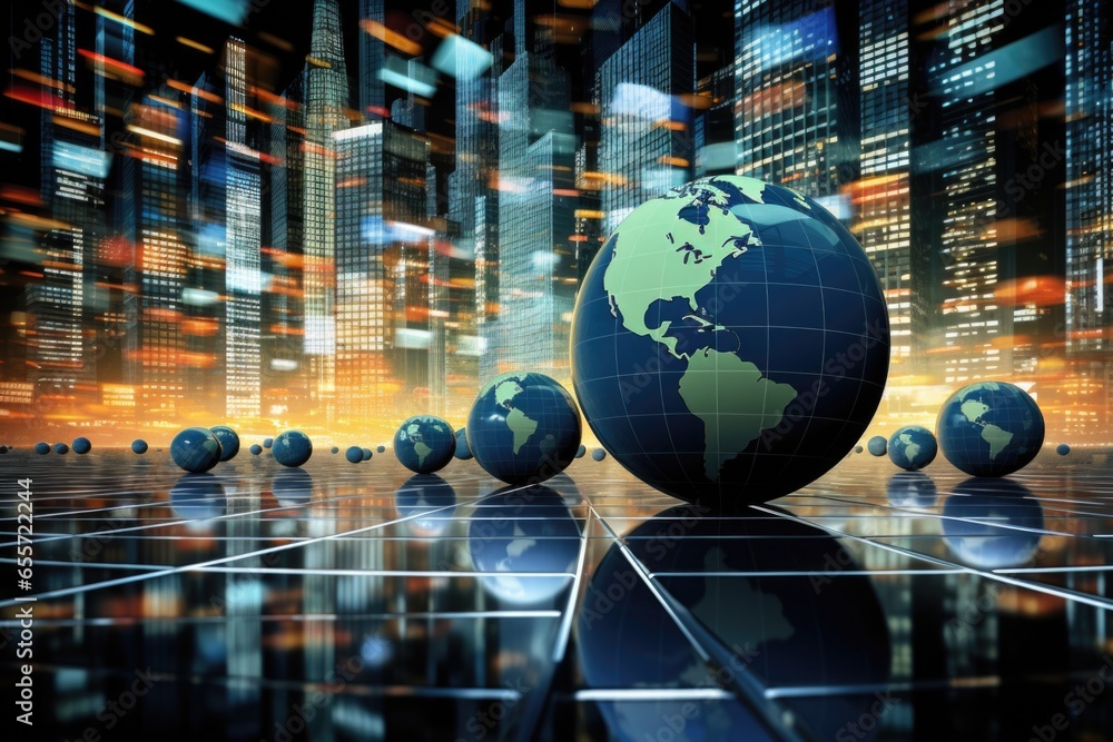 Poster a group of globes sitting on top of a tiled floor. this image can be used to represent international