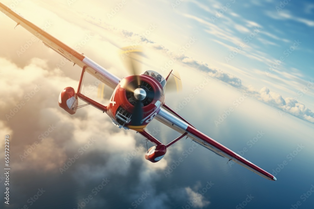 Poster A compact and straightforward description of a small red and white plane flying through the sky. This image can be used to depict aviation, travel, adventure, or transportation.